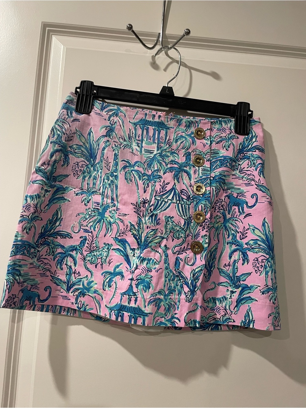Lilly Pulitzer Pink Mini Skirt with Teal Tropical Print and Button Front